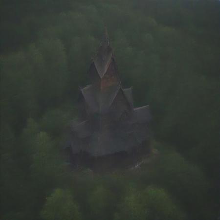 Abandoned stave church, deep in the forest, deep in the woods, dark woods, dark forest, forgotten stave church deep in the forest, tall trees, shadow, sunrise, morning, color, color, green trees,