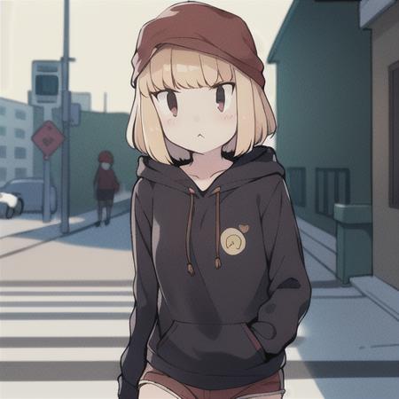 (masterpiece, best quality), 1girl, solo, uchi-emiri, (uchi-emoji-face:1.3), :<, black hooded pullover, red cap, brown shorts, street background, walking, looking at viewer, american shot,  <lora:uchi-emiri-10-v2:0.8>