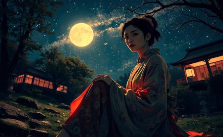 A bird's-eye close-up of a Japanese woman in elegant, ancient Japanese traditional clothing, sitting gracefully in a serene Japanese garden at night. Her intricate attire, featuring delicate embroidery and flowing fabrics, is beautifully illuminated by the soft glow of the moonlight. The night sky above her showcases the vivid Milky Way and a luminous moon, visible in the background at a slight angle. The dramatic Dutch angle adds a cinematic feel, while subtle elements of the garden, such as mossy stones and a softly glowing stone lantern, frame her from above. The warm light from a nearby Japanese ryokan highlights her serene expression and the intricate details of her outfit, blending intimacy and mysticism in a highly detailed, vibrant style.