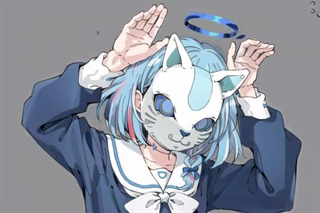 <lora:Phony:0.9>, phony, 1girl, solo, looking at viewer, simple background, mask, cat mask, upper body, grey background, arms up, bunny pose, arona, 1girl, white hairband, bow hairband, halo, short hair, single braid, school uniform, blue shirt, white sailor collar, long sleeves, white bowtie, white choker <lora:aronaBlueArchive_v1:0.6>