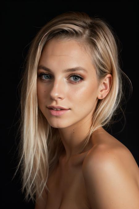 RAW photo of melpel,portrait, naked, blonde, makeup, naked, black background,(high detailed skin:1.2), 8k uhd, dslr, soft lighting, high quality, film grain, Fujifilm XT3, <lora:melpel:1>