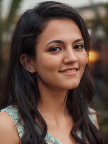 ultrarealistic hires close up photo of a 30-year-old apda woman, outdoors, looking looking at camera, tied up short hair, night time, smiling, soft background bokeh <lora:apda_Aparna_Das_SD15_LoRA_DAdaptAdam-step00001000:1>