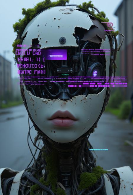 ajweathbo. Eerie head Closeup, A bleaked atmospheric Photo gl!tchChan with neon purple glitches, a White robot Portrait of a exoskeleton girl with pink bangs hair and eyes, torn Maid Outfit, neon-mist, futuristic cyborg body with exposed wires, cables and mechanical parts, desolate weathered and overgrown with wet moss, datamosh ASCII glitches forming Text messages, system error