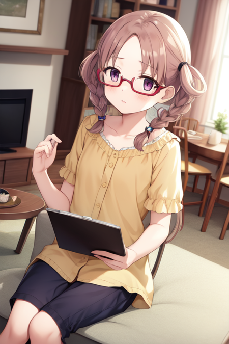 hiiraginemu, casual, sitting, living room, glasses