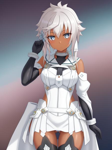 <lora:Kohagura_Natsume-10:0.8>,masterpiece, distinct, high_quality, highres, super_detail, finely_detailed, intricate_details,Kohagura_Natsume, 1girl, solo,short hair, blue eyes,hair ornament, thighhighs, gloves,bare shoulders,white hair,white dress, sidelocks, boots, elbow gloves, dark skin, leotard, dark-skinned female, thigh boots, short hair with long locks,((upper body))