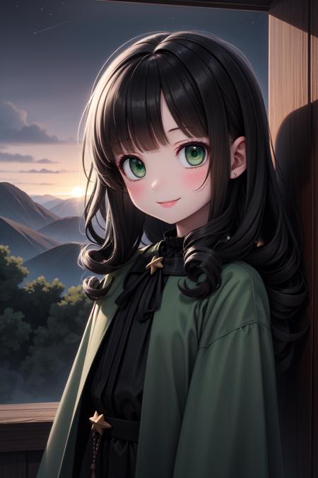 masterpiece, best quality, 1girl, smile, curly long black hair, long silky green dress, star-pattern, green eyes, face focus, hills and valleys, dark shadows, night, light in distance