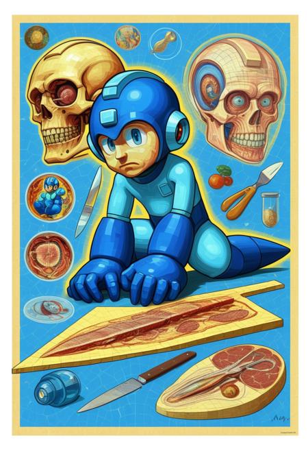 A masterpiece of sci-fi style created by the collaboration of Vincent Van Gogh. Megaman as the main objects is sliced at intervals along a diagonal, with each interval featuring its dissection for Scientific and anatomy Research, The overall mood should be one of a Dissection of a Scientific Research. It's like something in the style of science fiction.Rockmegamen,HD32K, hyperdetailed, best quality, aidmaMJ6.1.