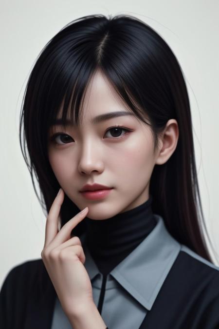 一名亞裔青年女性，黑色長直髮，前額無瀏海。戴黑框眼鏡。穿有老虎與蘭花圖案的白色無袖旗袍（長﷿，左右開衩）、白色高跟涼鞋。
FHD, masterpiece, realistic style.