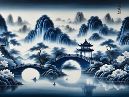 blue and white porcelain,Landscape painting, Ink wash, Classical, Chinese style, Pavilion, Bridge, Waterfall, Clouds and mist, Flowers, Symmetrical design.