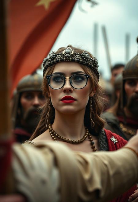 The famous revolt of the Iceni tribe, led by Queen Boudica, (red lips, glasses) challenges Roman authority, 
ultra quality, ultra detailed, intricate details, 8k, ultrarealistic, masterpiece, 35mm photograph, film,  professional, 4k, highly detailed, masterpiece, award-winning, professional, highly detailed. Dark, lit,    designer,  picturesque, lavish, RAW candid cinema, 16mm, color graded portra 400 film, remarkable color, ultra realistic,