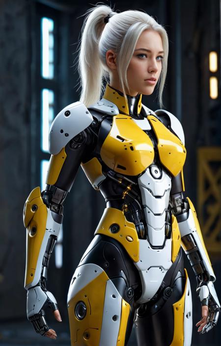 full body pose, (masterpiece, best quality, ultra-detailed, best shadow, amazing realistic picture), cinematic film still, photo of a cyborg (caucasian girl:1.2) with beautiful (robotic body painted black and yellow:1.2), realistic human head, (realistic head, beautiful cute face:1.3), mecha armor, female focus, armor, solo,  cape, looking at viewer, blue eyes, blurry background, knee protection, standing, (white hair, messy ponytail:1.3), science fiction, hard surfaces, octane renderer, artstation trending, perfectly shaped metal parts,