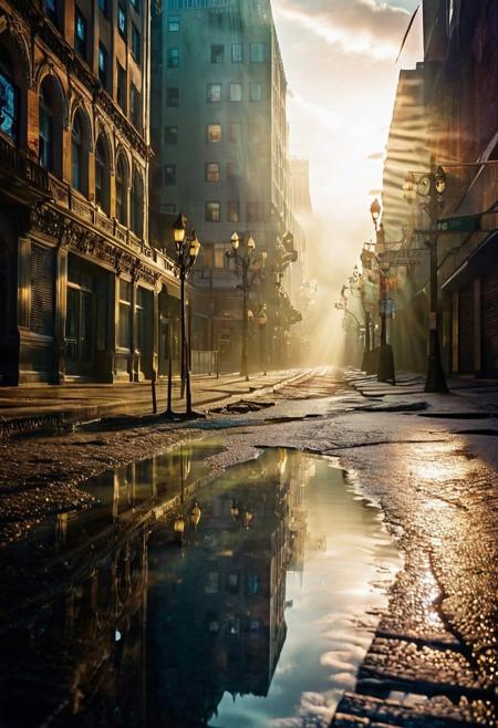 radiant city, dip, apocalypse. rays.puddle, the fog, the mystical light, professional photography, natural lighting, volumetric lighting maximalist. intricately detailed, complex, elegant, expansive, fantastical, film photography style, light grain