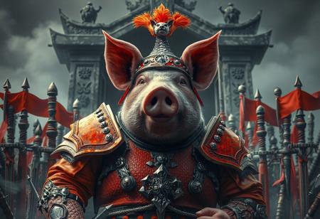 "Intricately depicting a formidable pig in a vivid red and orange suit of armor, this 4K image showcases an array of weapons and armor surrounding the armored pig. The dark gray altar of mist in the background provides a stark contrast to the colorful foreground. The overall composition invites the viewer to imagine the narrative behind this detailed, hyper-realistic, masterpiece, featuring sharp details, vivid emotions, and a joyful impact. Trending on ArtstationHQ, this stunning artwork is a must-see, showcasing exceptional quality, harmonious colors, captivating lighting, and flawless rendering."