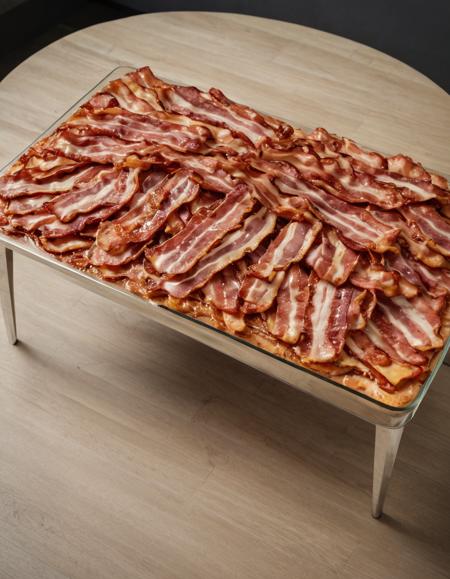 delicious, 8k resolution, masterpiece, high quality, living room table made of bacon <lora:MMM_Bacon:0.8>
