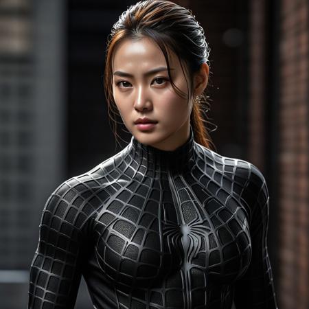 score_9, score_8_up, score_7_up, best quality, realistic, masterpiece, beautiful detail, hyperrealistic, night, ((1girl, woman body, large breast)), amazing detailed full body of a beautiful korean girl, wearing a realistic and highly detailed black raimi spider-man suit, ((defined muscular girl)), professional model wears ultra - detailed black raimi spider - man suit, ultra - detailed and grained black raimi spiderman suit, suit covered entire body and hand, black spiderman gloves, wet, (dirty skin), close up, octane render, highly detailed, volumetric, dramatic lighting, (highest quality:1.1), (HDR:1.3), (top quality, best quality), realistic, high definition, sharp contrast between light and shadow, athletic and fit physique, highly detailed and accurate portrayal, photorealistic rendering, tense and alert atmosphere cinematic scene, cinematic lighting, intricate detail skin and facial texture, lifelike expression, accurate character design, ((full body, sitting pose), interesting and complex background details,