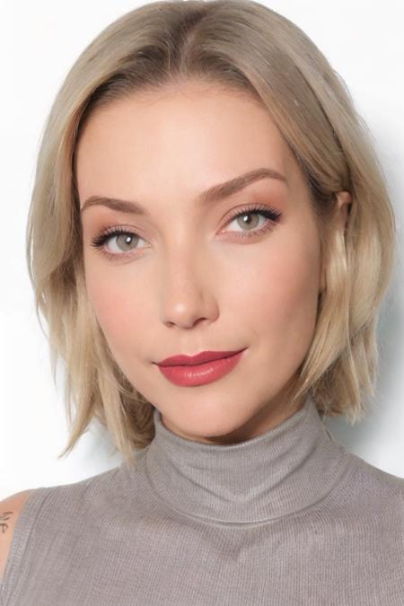 Portrait photo of lu1z4p0ss1, gray turtleneck blouse, in a bedroom, makeup, lipstick, slight smiling