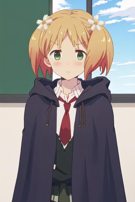 best quality, masterpiece, highres, solo, {yuu_sonoda_sakuratrick:1.15}, blonde_hair, blush, flower, hair_ornament, hair_flower, twintails, short_hair, green_eyes, 1girl, cloak, hood, closed_mouth, hood_up, hooded_cloak, upper_body, closed_eyes, school_uniform, cloud, necktie, sky