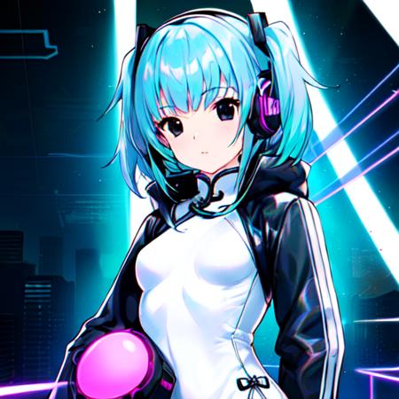 cute girl in cyberspace, headphones, solo focus, extremely detailed face,(official art:1.3),(best quality:1.2),(highres:1.2),(masterpiece:1.2),(extremely detailed girl:1.2),(sharp focus:1.2),(depth of field:1.2),(perfect lighting:1.2),(best quality:1.2),(god rays:1.2),(1girl:1.3),(small breasts:1.4),(((((black eyes))))), short hair, twintail, (violet aqua hair:1.3), (split color hair:1.3),  neon lights, neon palate, synthwave line art, vaporware, cute, professional lighting, full body,  (black hoodie:1.3),  (white qipao:1.4), circuit vector art, circuit board background,