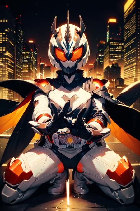 majade, solo, 1girl, mature female, perfect female body, narrow waist,wide hip,gloves, female focus, bodysuit, helmet, glowing eyes, orange eyes,boots, cape,tokusatsu, kamen rider,rider belt,alchemisdriver, horns, armor, unicorn,white ring,pelvic curtain,full body shot,cape,floating,casting magic,telekinesis, ((floating objects)),arm raised, outstretched arms, on rooftop,city background, hdr,bokeh,depth of field,night,   <lora:majade:0.7>