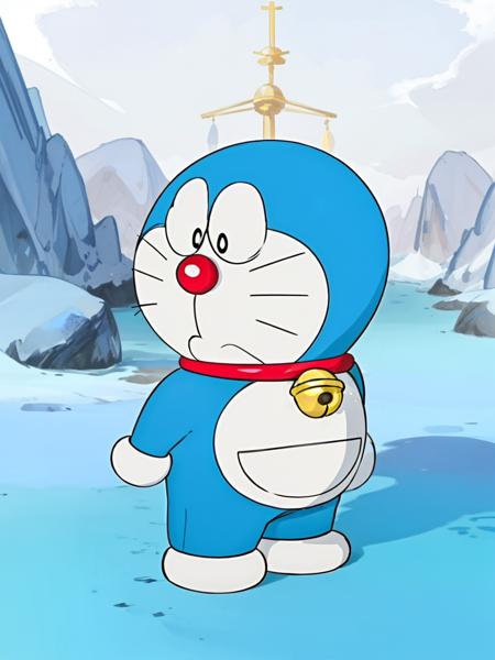 doraemon, solo,neck bell, jingle bell, whiskers, standing, collar, no humans, full body, male focus, looking at viewer, masterpiece, best quality, <lora:doraemon-5:1>