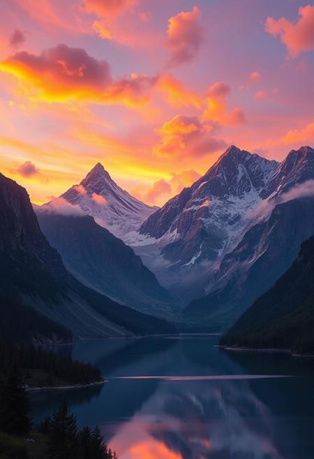 A breathtaking landscape of majestic mountains during sunset, vibrant hues of orange and purple in the sky, soft clouds, serene lake reflecting the colors, hyper-detailed, cinematic lighting, high resolution, digital painting, masterpiece by Thomas Kinkade and Eyvind Earle, 8k resolution, tranquil atmosphere.