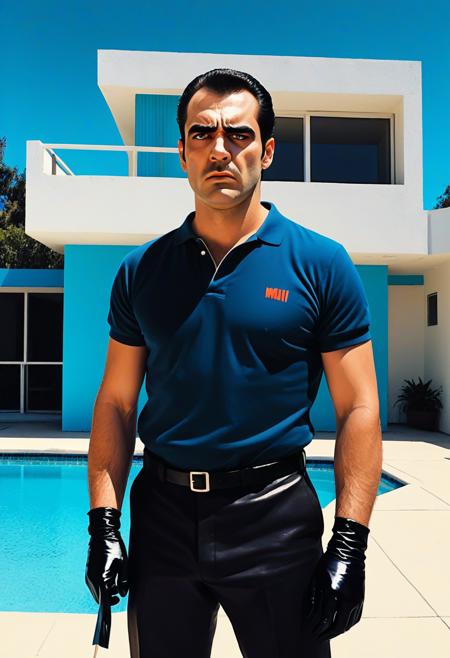 devastatingly handsome Miami blood spatter analyst in a polo shirt, thick dark eyebrows, close-set eyes with thick lashes, bedroom eyes that are completely empty and soulless, European nose, angular face with square jaw, perfect proportions, standing and looking directly at viewer with intense Kubrick stare, head tilted slightly down while eyes look up, unsettling fixed gaze with no emotion behind the eyes, wearing black leather gloves, holding a scalpel, arms at his side with hands hanging at waist level, handsome facade masking complete emptiness, full body, crime scene tape,, vibrant acrylic painting style, bold flat colors, clean geometric compositions, bright California sunlight, crisp shadows, modernist architecture, swimming pool blue tones, perfectly manicured landscapes, mid-century modern aesthetic, saturated color palette, smooth gradients, minimal detail work, contemporary pop art influence, architectural precision, optimistic 1960s atmosphere,