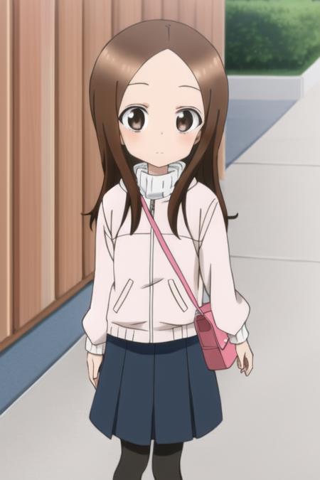 <lora:TakagiV-10:1>, takagi1, solo, Skirt, long sleeves, brown eyes, white jacket, black pantyhose, demim skirt, bag, pink gloves, open clothes, sweater, open jacket