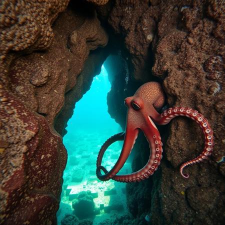a very detailed close picture of an octopus solving a puzzle  underwater near an intricate rock formation, sunlight pasing throw water