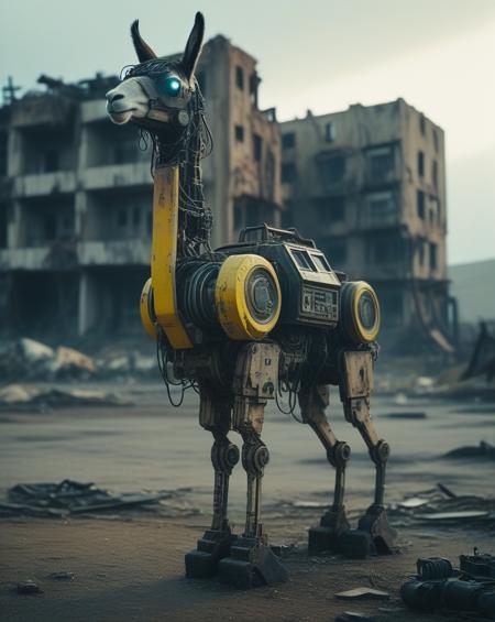 A cybernetic llama stands amidst ruins, with one side resembling a mechanical robot and the other side retaining its natural fur. The background is a desolate wasteland with crumbling buildings, rusted machinery, and a toxic yellow sky. Incorporate subtle details like glowing blue circuits, exposed wires, and worn leather straps to convey a sense of decay and technological overreach