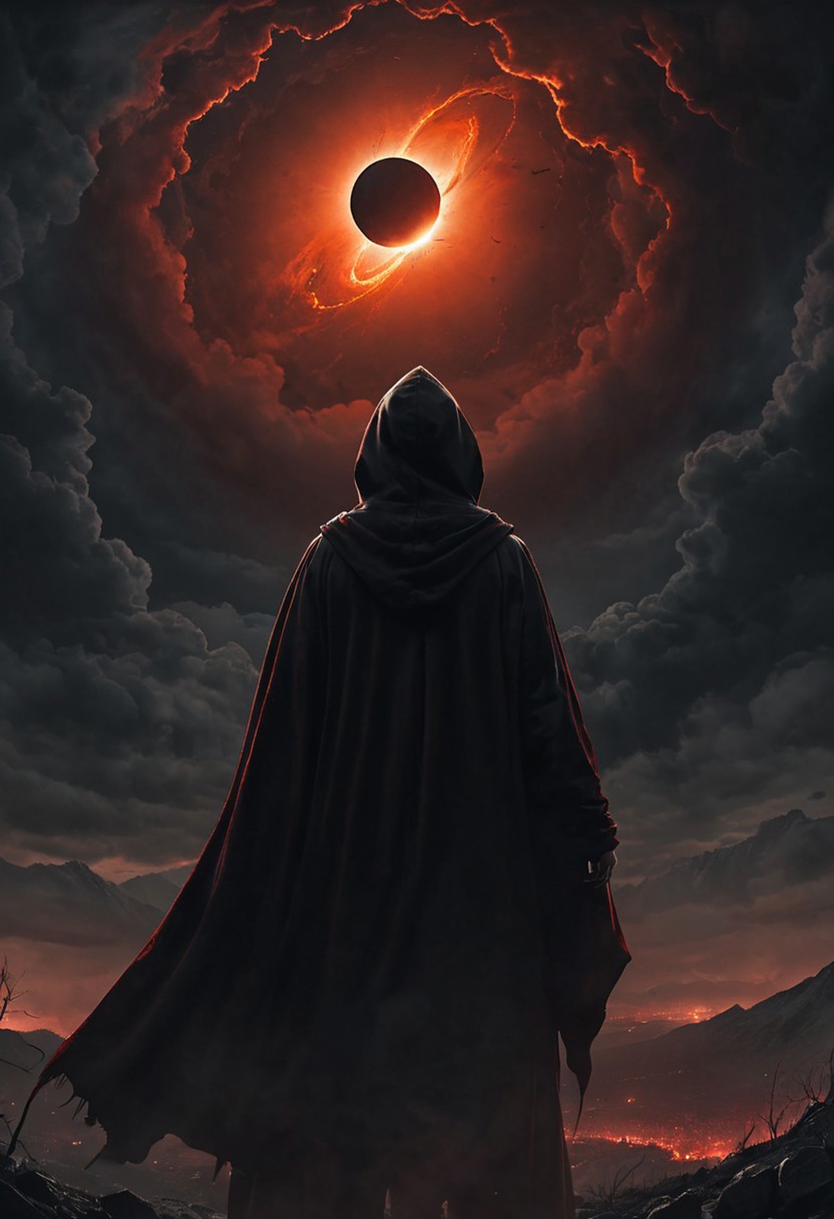 cinematic shot, digital painting, (masterpiece, best quality:1.5), apocalyptic, the sky opens into a black hole, with red ...