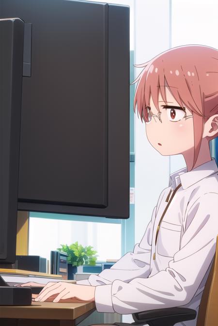 dragonkobayashi, <lora:dragon kobayashi s2-lora-nochekaiser:1>,
kobayashi, ponytail, pink hair, glasses, short hair, (brown eyes:1.5),
BREAK shirt, long sleeves, white shirt, collared shirt, pants, black pants, office lady,
BREAK indoors, office, computer, monitor, keyboard \(computer\), office chair, mouse \(computer\), desk,
BREAK looking at viewer, 
BREAK <lyco:GoodHands-beta2:1>, (masterpiece:1.2), best quality, high resolution, unity 8k wallpaper, (illustration:0.8), (beautiful detailed eyes:1.6), extremely detailed face, perfect lighting, extremely detailed CG, (perfect hands, perfect anatomy),