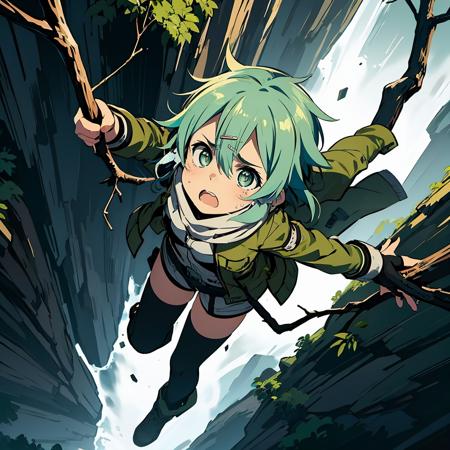 masterpiece,best quality,highly detailed,1girl,solo,scared,raised eyebrows,constricted pupils,surprised,clenched teeth,sweat,sweatdrop,
<lora:sinon_v5:0.7>,sinon1,scarf,fingerless gloves,long sleeves,short shorts,hair ornament,hairclip,green thighhighs,green jacket,thigh strap,
BREAK
<lora:hangingTreeCliff:0.5>,(((hanging from branch in high position, arms up))),hanging from branch,holding branch,grabbing branch,full body,outdoors,from above,lava,molten rock,burning,