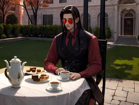 highres,masterpiece,best quality,1boy,<lora:ShadowverseIceschillendrigV3:0.75>,vest,formal,jacket,tie,sitting across table,afternoon,wearing red sun glasses,smoking cigarette,Western style courtyard,grass,Marble table,tablecloth,afternoon tea,deserts,black tea,gold-trimmed ceramic teacups,gold-timmed teapot,silverware,looking at viewer