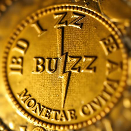 Closeup of a ancient Rome detoriated gold coin with lightning bolt symbol and text in ancient font saying BUZZ, text in around in circle shape saying "MONETAE CIVITAI", realistic, masterpiece, dramatic light, depth of field