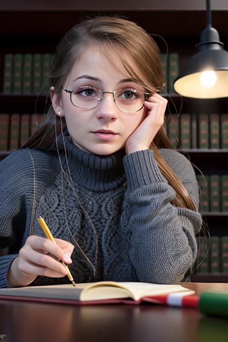 epic realistic, a photo of AM061_Ennu_A, 25yo woman in thin glasses weared turtleneck sweater at the table in the library, thoughtful mood, close up, <lora:LowRA:0.4>, (intricate details:0.9), (hdr, hyperdetailed:1.2), faded, (neutral colors:1.2), art, (hdr:1.5), (muted colors:1.1), (pastel:0.2), hyperdetailed, (artstation:1.4), warm lights, dramatic light, (intricate details:1.2), vignette, complex background, rutkowski