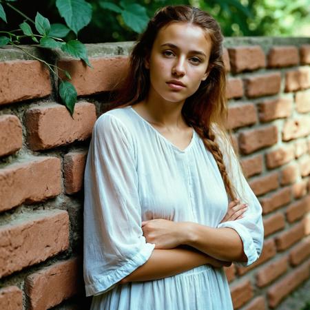 RAW full body analogue photo of a beautiful 20 years old woman, clear focus, 8K,__Random_Woman__,Greek style translucent white tunic, breast peek, skin tags, skin pore, skin textures, skin details, (light freckles:0.6), leaning on a brick wall, 3/4 view, three-quarter view, ,photo Fantasy art combining the styles of Boris Vellejo and Luis Royo,Photorealistic, real photo, god rays, 1girl, 21yo,realistic, ,Sexy pose, erotic pose, exhibitionism ,forest clearing