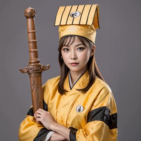 A woman wearing traditional Chinese attire stands in front of a grey background, with his arms crossed. He is dressed in a yellow robe that has black stripes on the sleeve edges, and adorned with a circular symbol under the right arm. The symbol consists of a black circle with two lines through it beneath a yellow circle. On his head, he wears a black and white striped hat. In his right hand, he holds a brown wooden sword with intricate carvings, with the handle of the sword resting against his right shoulder and the tip pointing upwards. The overall appearance of the woman exudes an air of confidence. <lora:dosifuku:0.85>,((â¯ï¸))