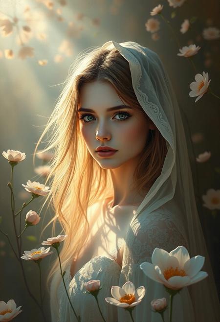 A mysterious, otherworldly figure, 
soft realistic portrait, impressionist light effects, muted pastel and earthy tones, sculptural yet painterly brushwork, sun-dappled textures, dreamy and tranquil atmosphere, serene composition, luminous feminine beauty, floral garden setting