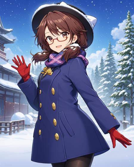 usami sumireko,1girl, solo, snow, snowing, glasses, red-framed_eyewear, hand_in_pocket, looking_at_viewer, coat, winter, under-rim_eyewear, looking_back, long_sleeves, cowboy_shot, open_mouth, waving, black_pantyhose, low_twintails, east_asian_architecture, winter_clothes, building, hat_ribbon, fingerless_gloves, outdoors, breath, smile, from_behind, lips, plaid_scarf, red_gloves, hand_up, teeth, hat_bow, sky, bare_tree
<lora:usami_sumireko_image1686_2023-12-20-000014:1>,star-shaped_pupils,symbol-shaped_pupils,. gorgeous,key visual, vibrant, studio anime,award-winning, professional, highly detailed,high budget, cinemascope