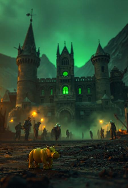 professional 32k rendering, dimm green glow, action scene, green dark theme, a small yellow hippo toy on the ground, infront of people working. people are tiny looking comparred to the detailed warhammer style castle. dwarfed by the surrounding mountains and a silhouette of a giant robot in the far distance. soft warm lighting, dusty, smoky, highly detailed, perfect timing, perfect quality, 16k, very detailed, highly detailed, realistic, photorealistic, scinematic, soft dramatic lighting, highly detailed, dramatic shadows,