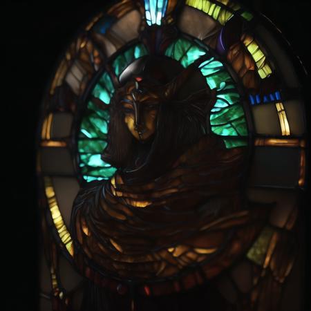 (dark, dimly lit, low key, shurima, stained glass:1.3), dramatic light,  <lora:shurima-1:1>, a close up of a sculpture of a portrait of a in a pitch dark room