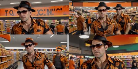 a photo of tayne, a man dancing in a grocery store wearing an orange and black patterned shirt and a hat and sunglasses, dramatic lighting, paul rudd <lora:cincoidentitygenerator:1.1>