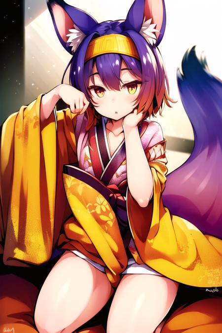 ((masterpiece, best quality:1.2)), (ultra-detailed:1.2), <lora:IzunaLora:1>, kimono, hairband, fox ears, fox tail, sitting, hand between legs, hand on face, open mouth, white background, 5 fingers, volumetric lighting, realistic, realistic lighting, 8k, cinematic lighting, depth of field, perfect, hyper-detailed,