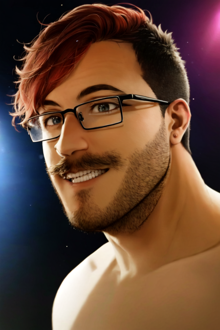 <lora:Markiplier:.7> Markiplier, Mark Fischbach, (masterpiece, best illustration, extreme light and shadow),1boy, facial hair, male focus, glasses, beard, red hair,  short hair, mowhawk, smile, portrait, mustache, solo, heart shaped face, shaded face,  (dynamic angle), depth of field, (ultra-detailed), cinematic lighting, (((glowing light particles))), shiny skin,  (daylight:.5), (rainbow lights, light leak)