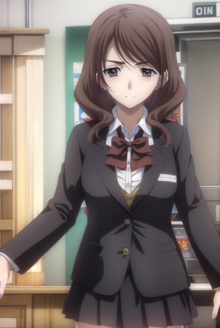 chieashikaga, <lora:chie ashikaga-lora-nochekaiser:1>,
chie ashikaga, brown hair, (brown eyes:1.5), medium hair,
BREAK skirt, long sleeves, bow, school uniform, earrings, bowtie, red bow, buttons, blazer, (black blazer:1.5),
BREAK indoors, classroom,
BREAK looking at viewer, (cowboy shot:1.5),
BREAK <lyco:GoodHands-beta2:1>, (masterpiece:1.2), best quality, high resolution, unity 8k wallpaper, (illustration:0.8), (beautiful detailed eyes:1.6), extremely detailed face, perfect lighting, extremely detailed CG, (perfect hands, perfect anatomy),