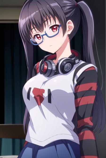 iorikousaka, <lyco:iorikousaka-lyco-nochekaiser:1>, 
iori kousaka, black hair, twintails, glasses, (red eyes:1.5),
BREAK skirt, thighhighs, pantyhose, (striped sleeves:1.5), shirt, headphones, t-shirt, clothes writing, semi-rimless eyewear, headphones around neck, raglan sleeves,
BREAK looking at viewer,
BREAK indoors,
BREAK <lora:GoodHands-vanilla:1>, (masterpiece:1.2), best quality, high resolution, unity 8k wallpaper, (illustration:0.8), (beautiful detailed eyes:1.6), extremely detailed face, perfect lighting, extremely detailed CG, (perfect hands, perfect anatomy),