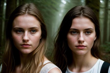 hyper realistic photograph, film grain, Kodak portra 800, f1.8, close up of two beautiful 18yo danish women,  walking through a dense forest, haze,  fog, dim diffuse light, detailed faces, beautiful faces, beautiful eyes, piercing eyes, gaunt, tired