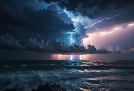 score_9, score_8_up, score_7_up, stormy scene over the ocean at sundown with bright blue bioluminescent lightning in the horizon, sun rays, cinematic, high detail, realistic, dynamic lighting, dramatic atmosphere, ocean waves, glowing lightning, moody, atmospheric, seascape, 4k resolution, octane render
