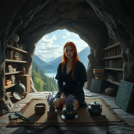 Surreal and imaginative digital artwork featuring a witches home set within a cave. The cave walls are lined with shelves filled with magical paraphernalia and books creating a magical atmosphere. The cave opening reveals a stunning view of forests mountains and lakes. In the centre of the scene, a woman with light skin and long copper hair, she has Asian features and is wearing a short black tunic, is sitting on a mat, her eyes alert. In front of her, there are various items including a pot with lavender, a small cauldron, and a few stones. The overall ambiance is mystical and tranquil with a gothic edge