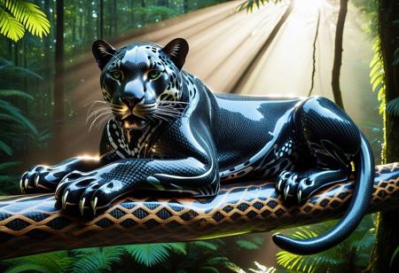 Highly detailed photographic image of a jaguar with incredibly intricate black carbon fiber "fur" resting on a large tree branch in the rainforest. The photorealistic natural forest surroundings an ironic contrast to details of the futuristic jaguar's woven carbon fiber coat against the natural photoreal tree texture; showcasing the jaguar's distinctive beauty and muscular build in the many intricate woven strands. The rainforest environment should be highly photorealistic, natural tree branch,  lush and vibrant, filled with a variety of realistic green foliage, exotic plants, and dappled sunlight filtering through the canopy above. Incorporate dramatic lighting to enhance the atmosphere, creating a sense of depth and intrigue. Include subtle elements such as mist or gentle rain to add to the mood, while ensuring the surreal carbon fiber jaguar remains the focal point of the composition. (Highly cinematic scene with natural surroundings; highly focused detail on the subject; beams of sunlight reflecting on the animal's unique carbon fiber fur; masterpiece scene; dramatic composition, 4k resolution, finely detailed texture)